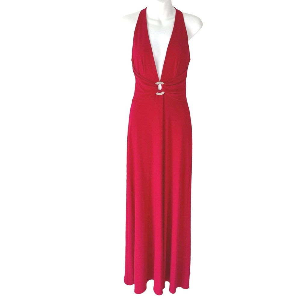 Womens Red Halter Long Gown Sz 4 Deep V-Neck O-Ring Glam Elegant Old Hollywood